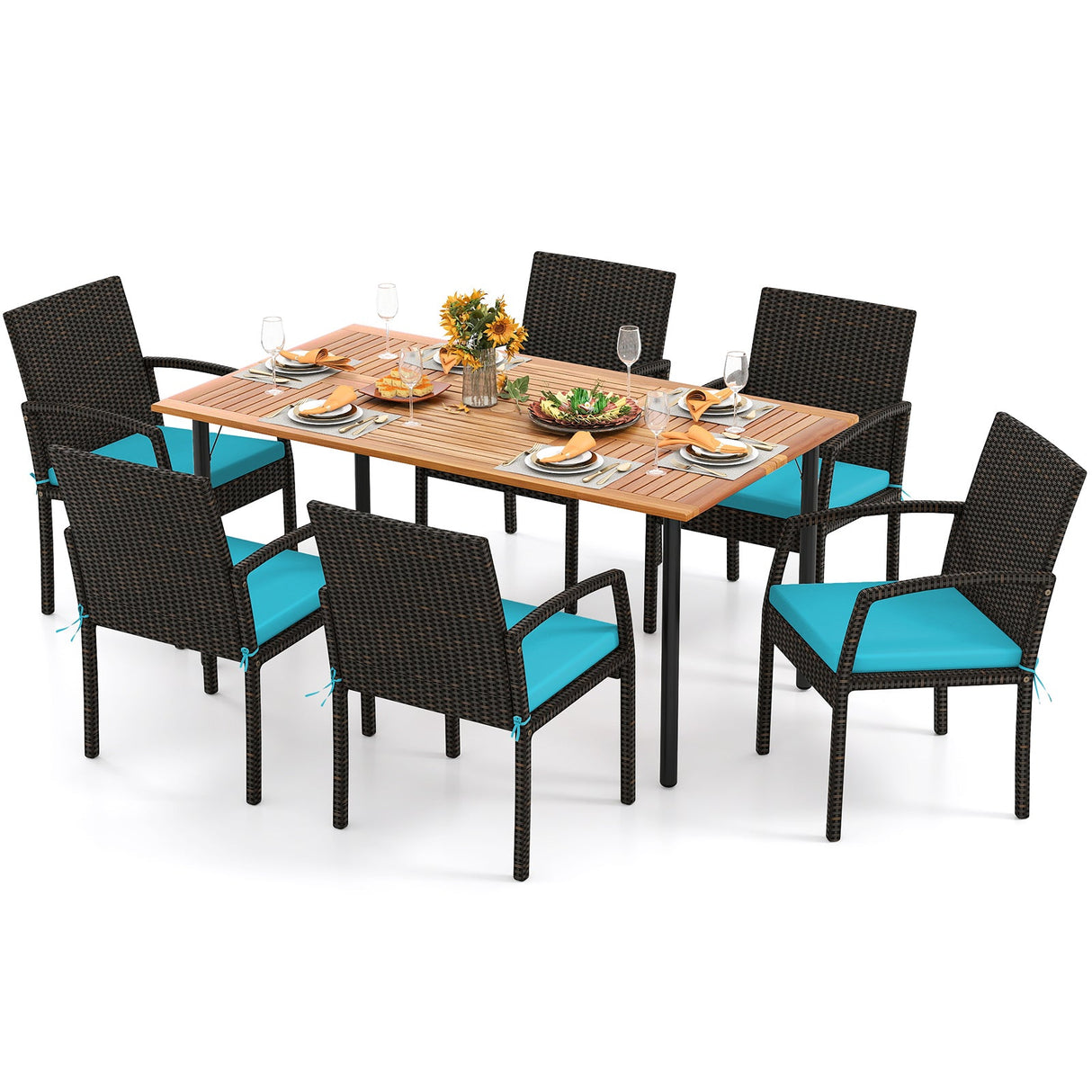 Juego de comedor de exterior de 7 piezas de madera de acacia con mesa con orificio para sombrilla y cojines