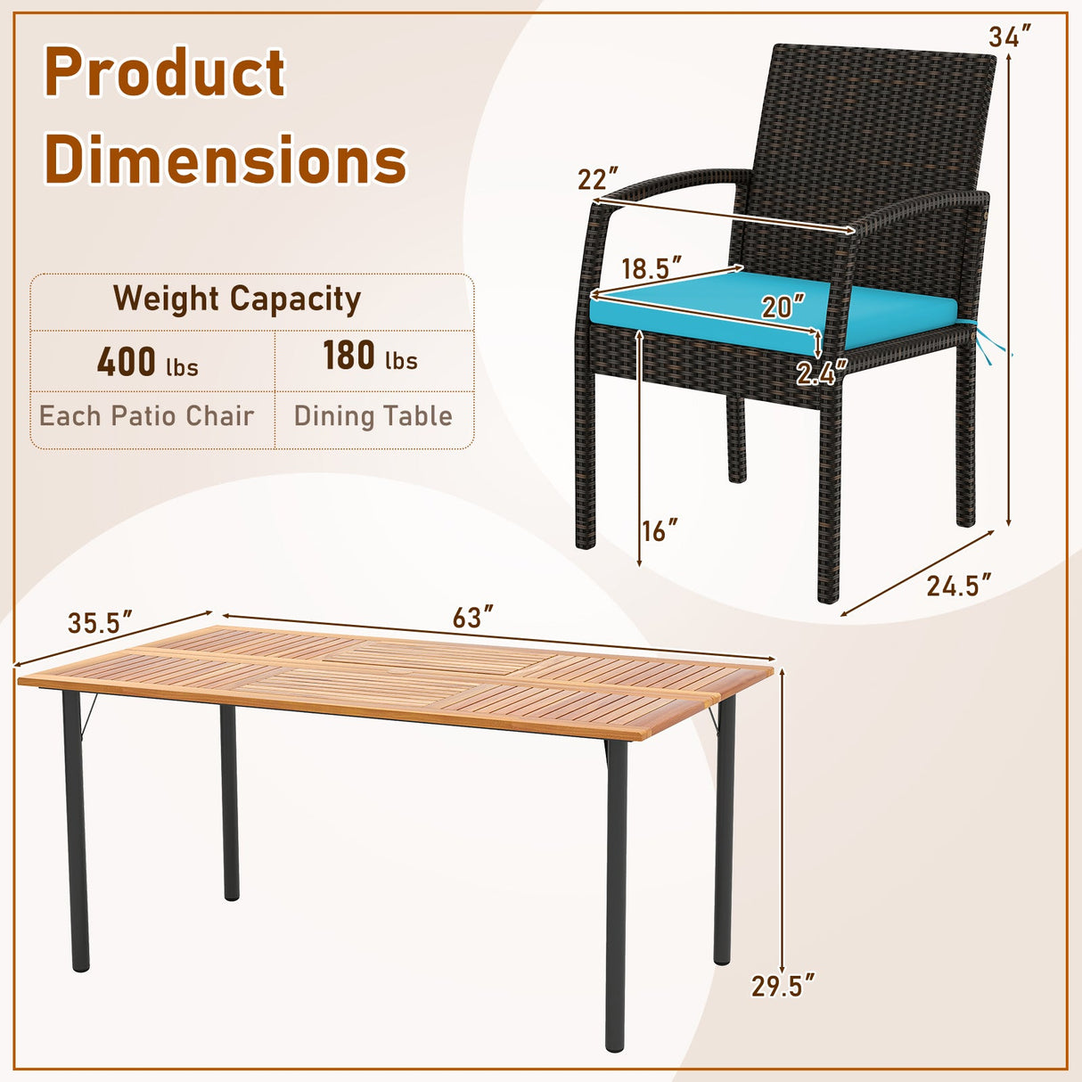 Juego de comedor de exterior de 7 piezas de madera de acacia con mesa con orificio para sombrilla y cojines