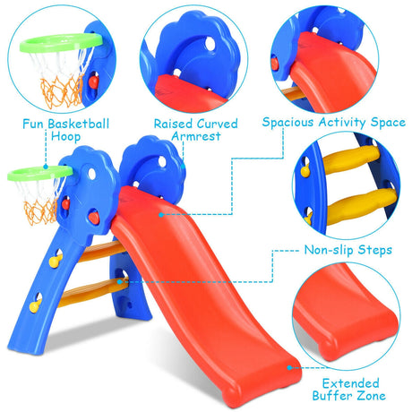 Tobogán plegable de plástico para niños de 2 escalones con aro de baloncesto