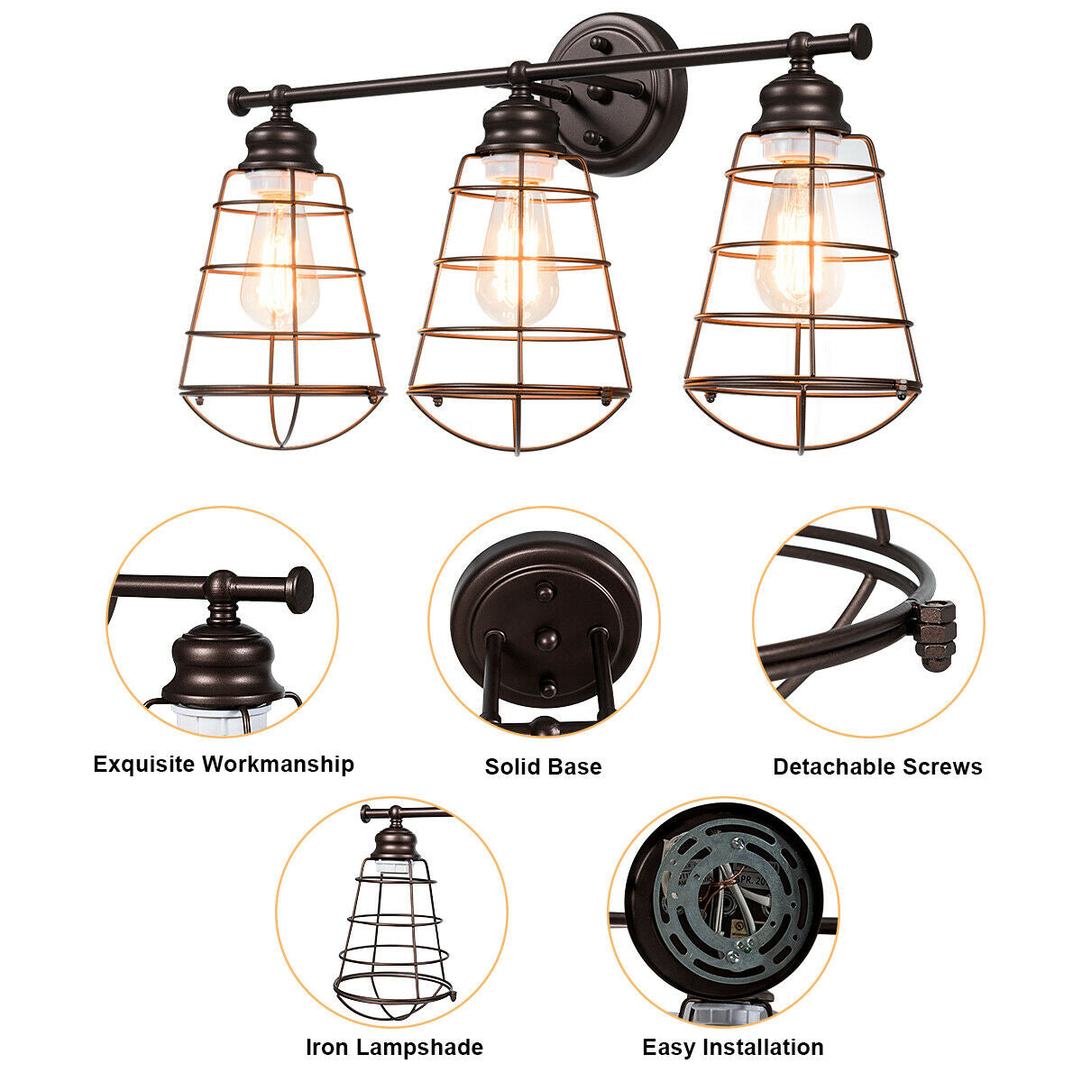 Lámpara de tocador de 3 luces para baño con jaula de metal