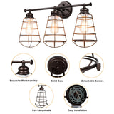 Lámpara de tocador de 3 luces para baño con jaula de metal