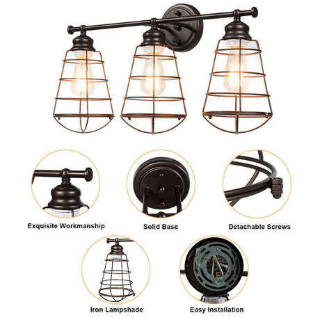 Lámpara de tocador de 3 luces para baño con jaula de metal
