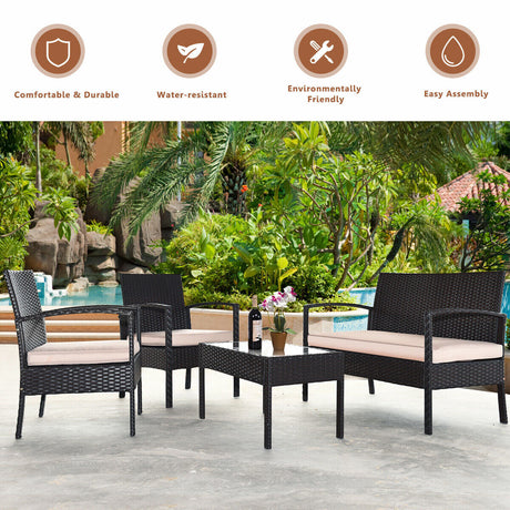 Juego de conversación de patio de ratán de 4 piezas con sofás biplazas y mesa de centro