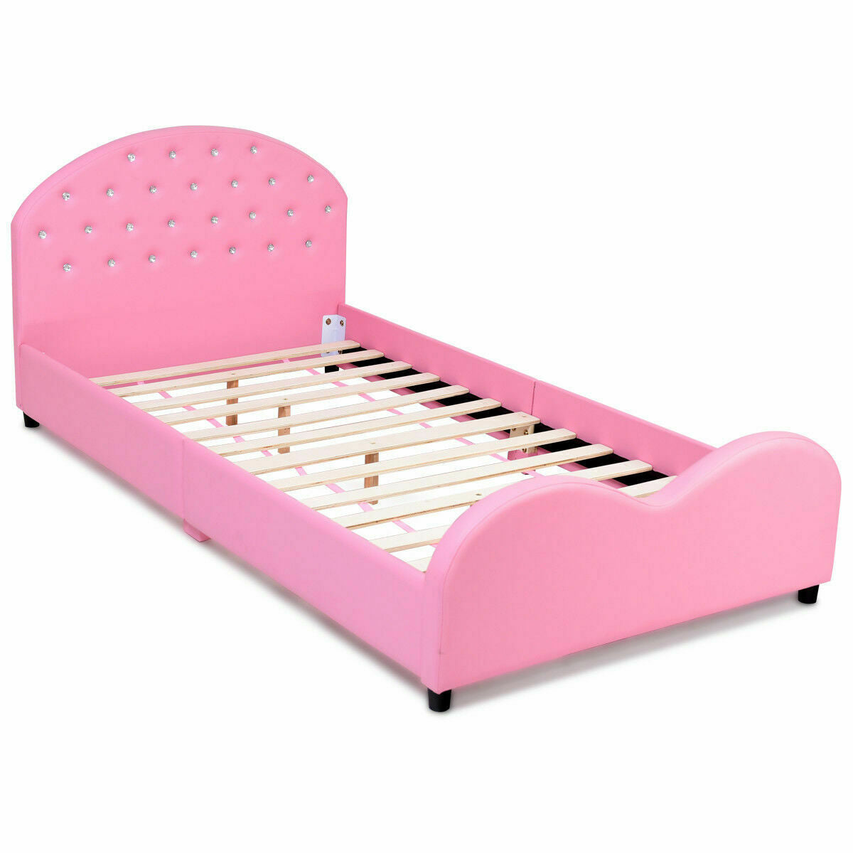 Cama infantil de plataforma tapizada tamaño Twin con soporte de listones de madera