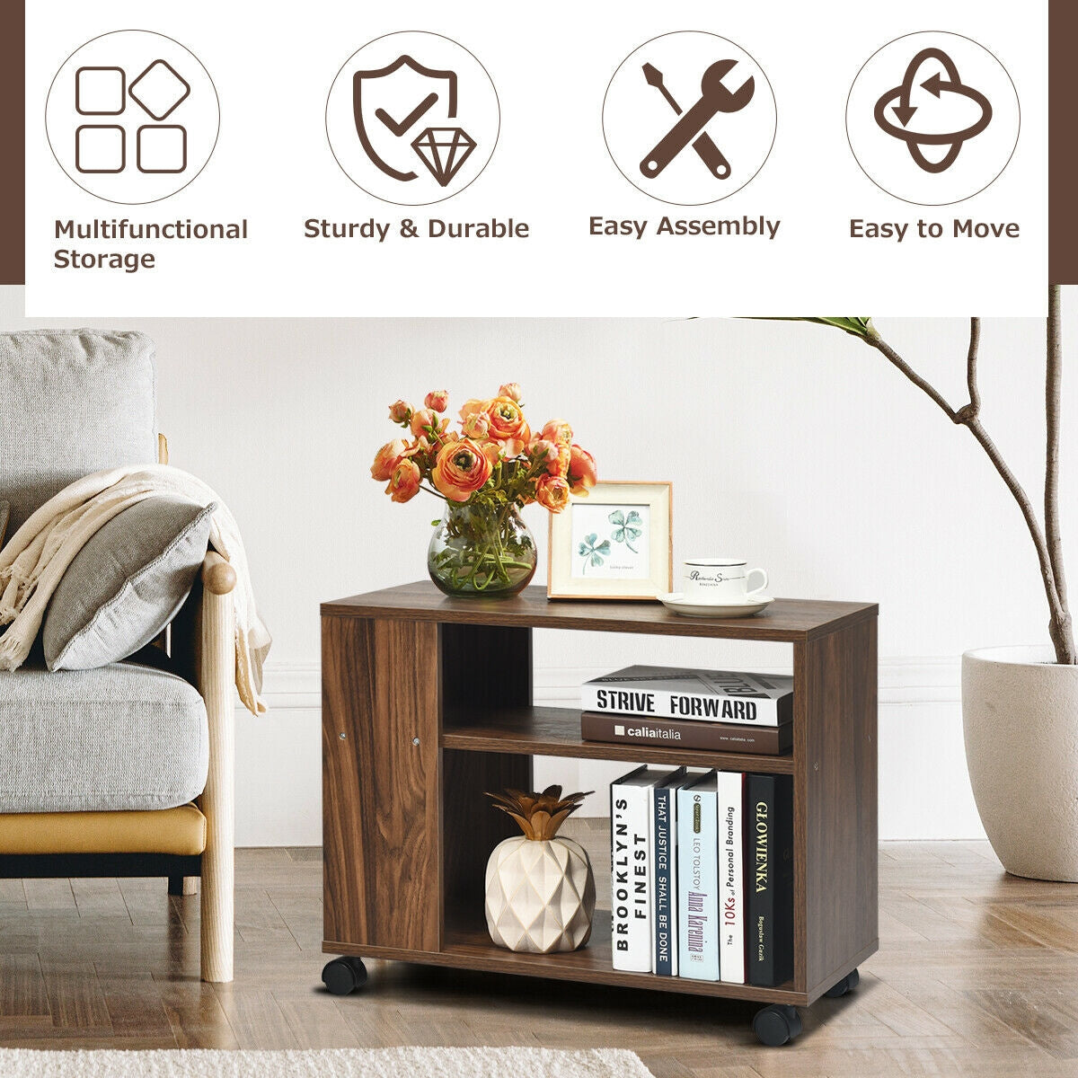 Mesa auxiliar multifuncional de 3 niveles con ruedas y estante de almacenamiento grande
