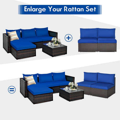 Juego de sofá de ratán para patio de 2 piezas sin reposabrazos con 2 cojines y 2 almohadas