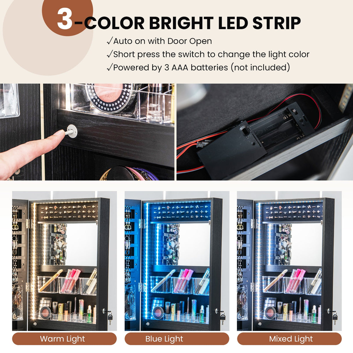 Joyero de pared con luces de 3 colores