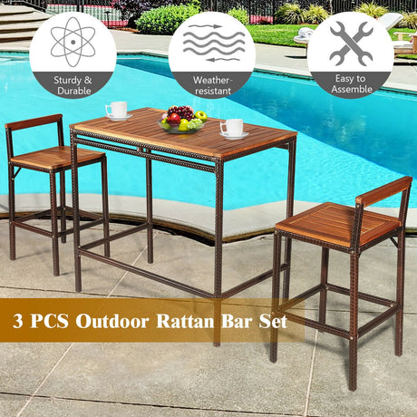 Juego de muebles de comedor de 3 piezas de ratán y mimbre para patio