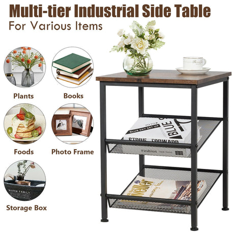Mesa Auxiliar Industrial de 3 Niveles con Estantes de Malla y Estantes Ajustables