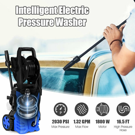 Limpiadora a presión eléctrica de 1800W y 2030PSI con carrete para manguera