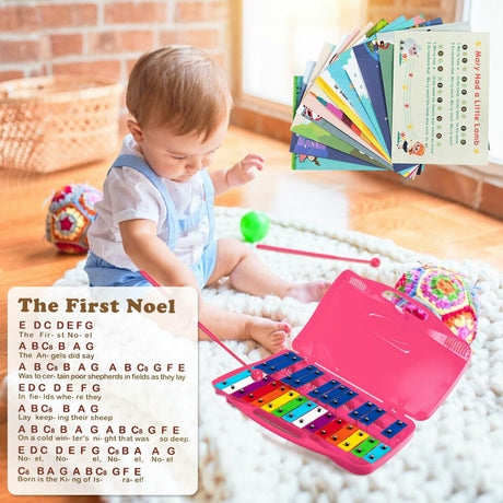 Glockenspiel de 25 notas para niños, xilófono cromático de metal - Rosa