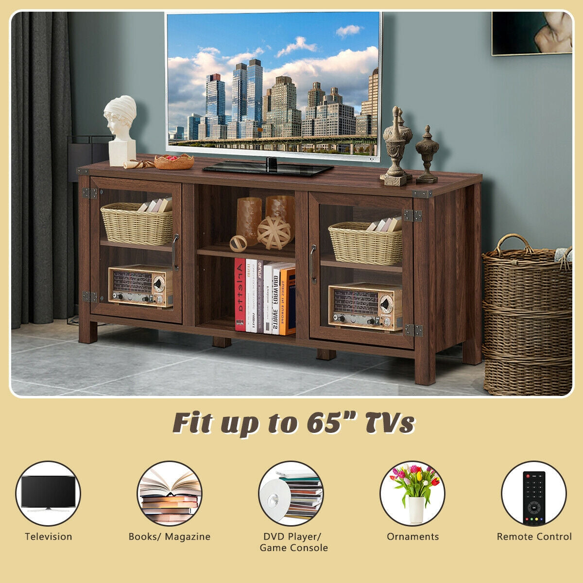 Mueble para TV y centro de entretenimiento para televisores de hasta 65 pulgadas con gabinetes de almacenamiento