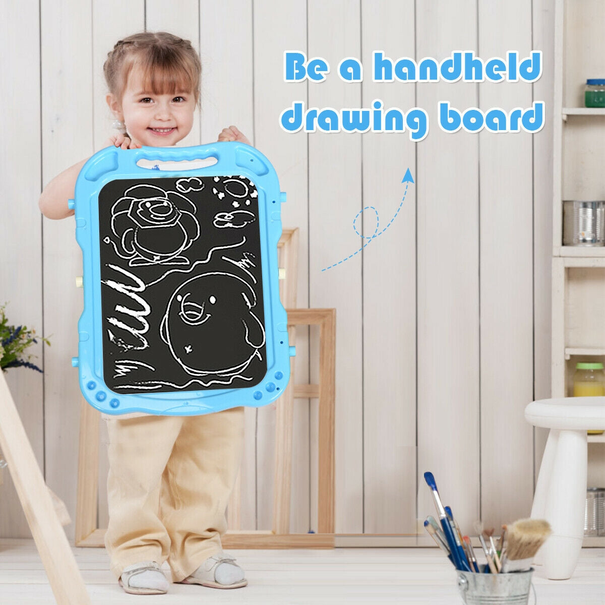 Pizarra de arte magnética de doble cara ajustable en altura para niños