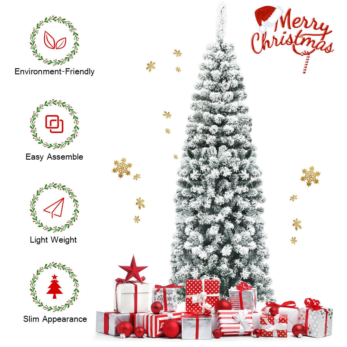 Árbol de Navidad artificial tipo lápiz con bisagras sin luces y efecto nevado, de 1.83 m (6 pies) con 500 puntas de rama
