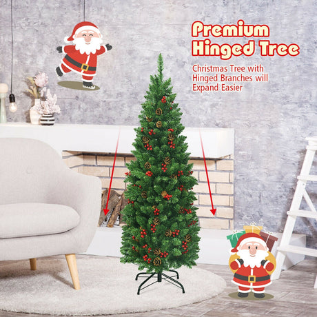 Árbol de Navidad estrecho preiluminado de 4.5 pies con bisagras, piñas, bayas rojas y 150 luces