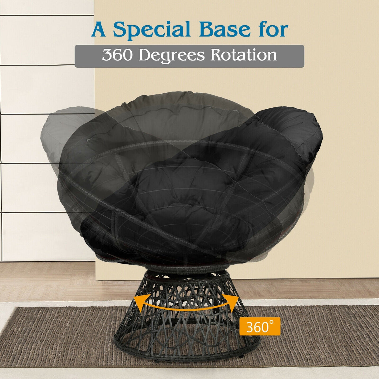 Sillón Papasan de Ratán Ergonómico Giratorio 360 Grados Cojín Suave para Jardín