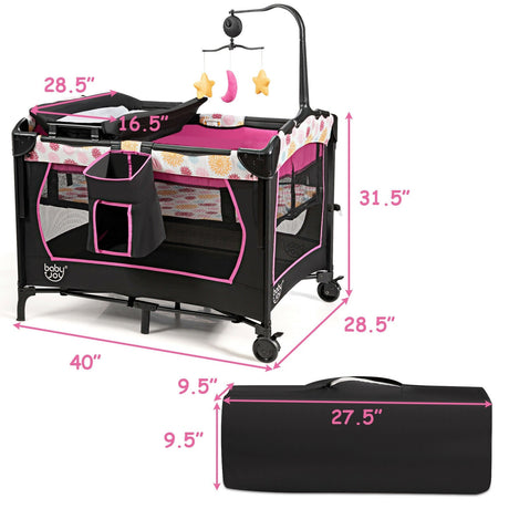 Corral de bebé portátil convertible 3 en 1 con caja de música, ruedas y frenos