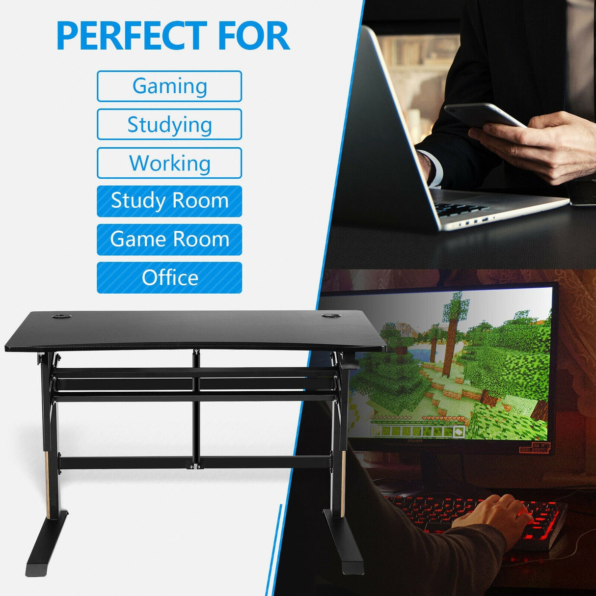 Escritorio de juegos neumático de altura ajustable en forma de T con bandeja para regleta - Negro