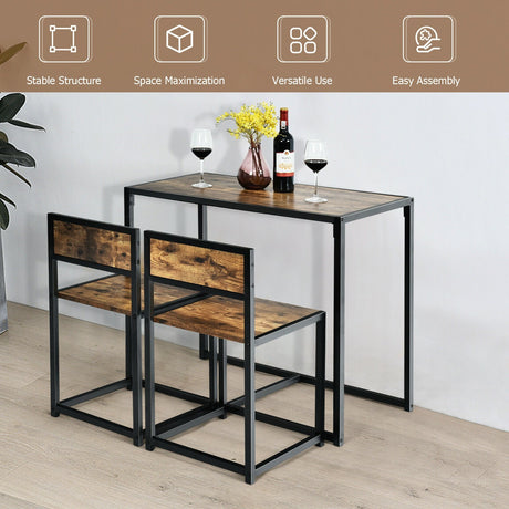 Juego de comedor de 3 piezas, mesa compacta y 2 sillas con estructura metálica para espacios pequeños