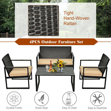 Juego de muebles de ratán para patio de 4 piezas con cojines de asiento y mesa de centro
