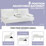 Convertible Folding Leather Futon Sofa with Cup Holders and Armrests