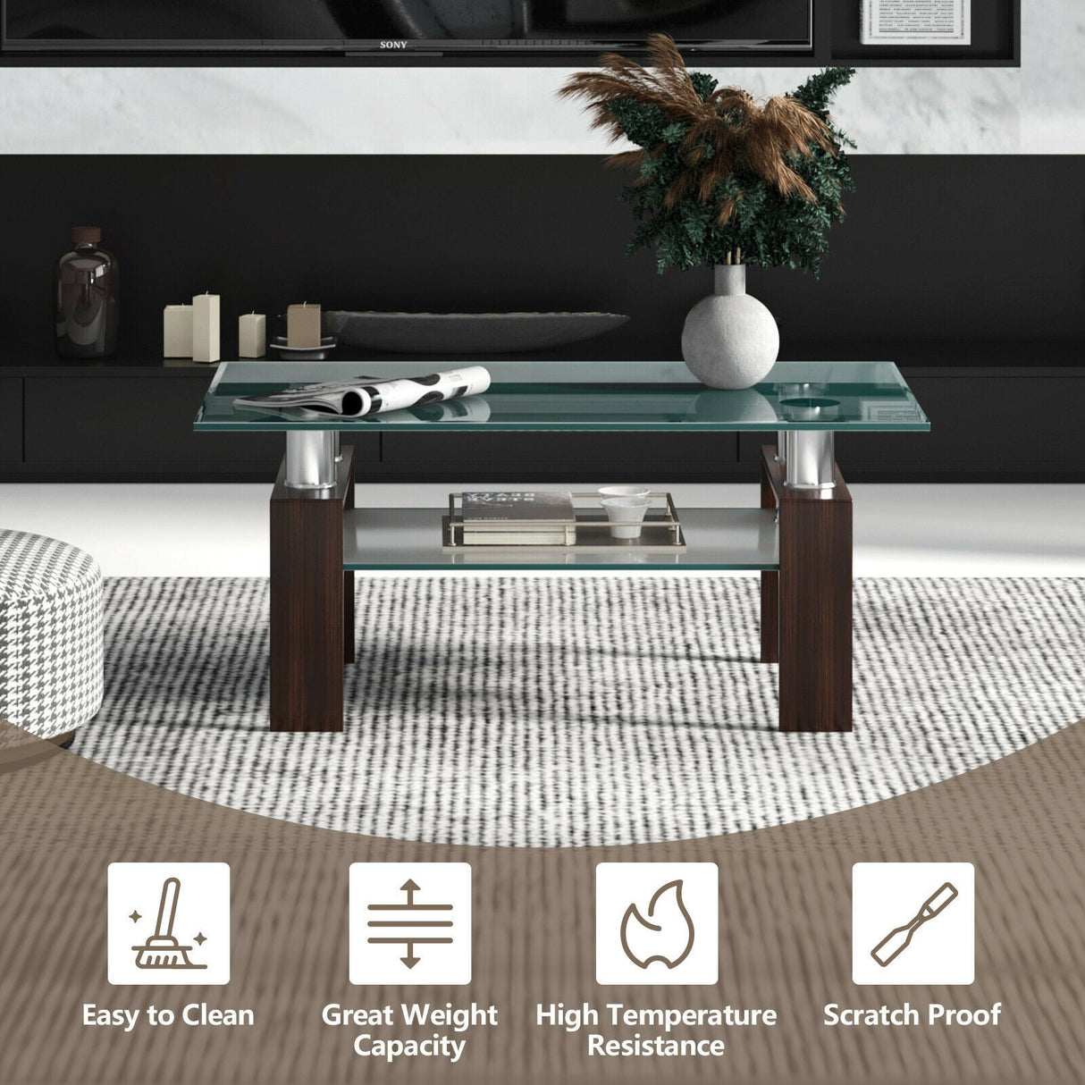 Mesa de centro rectangular de cristal con patas metálicas para salón