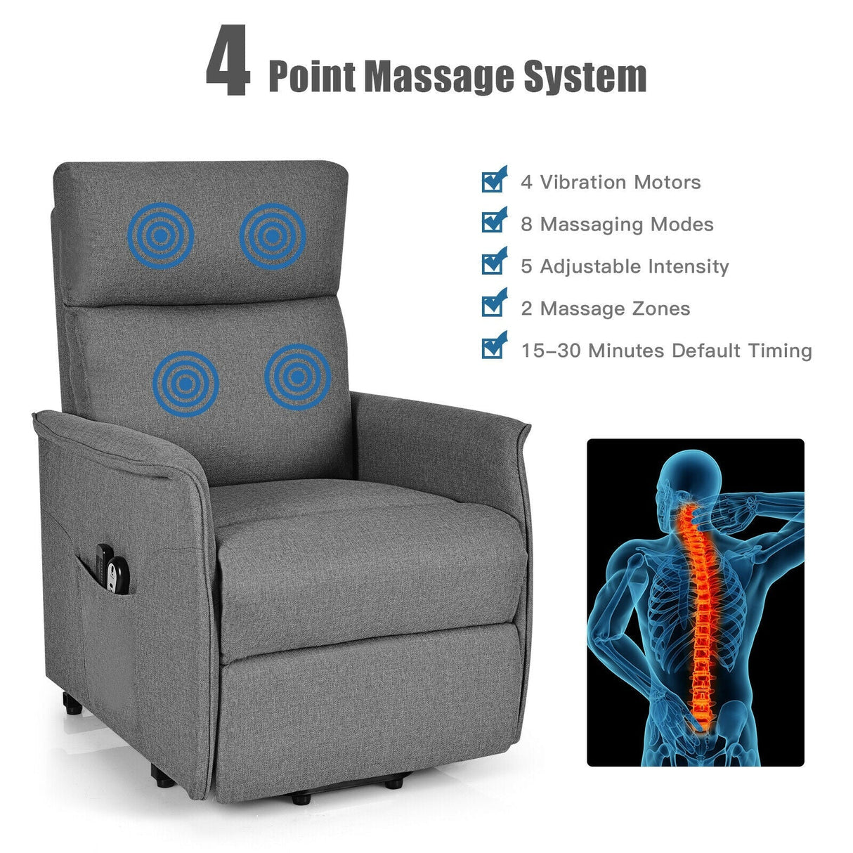 Sillón reclinable de masaje con elevación eléctrica para personas mayores con cojín acolchado grueso