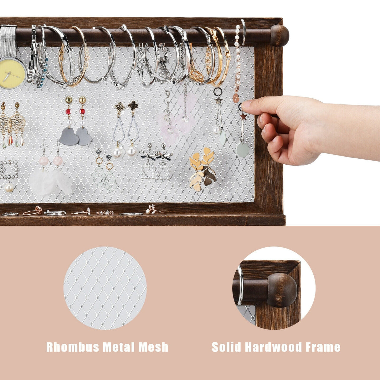 Expositor de joyas de pared con barra extraíble para pulseras