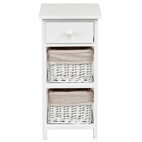 Mesa auxiliar de noche para dormitorio con cajones y cestas, 2 unidades, color blanco