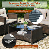 Juego de muebles de ratán para exterior de 4 piezas con mesa de cristal