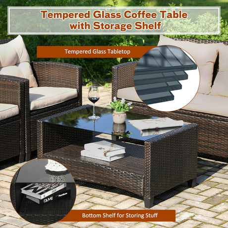 Juego de muebles de ratán para exterior de 4 piezas con mesa de cristal