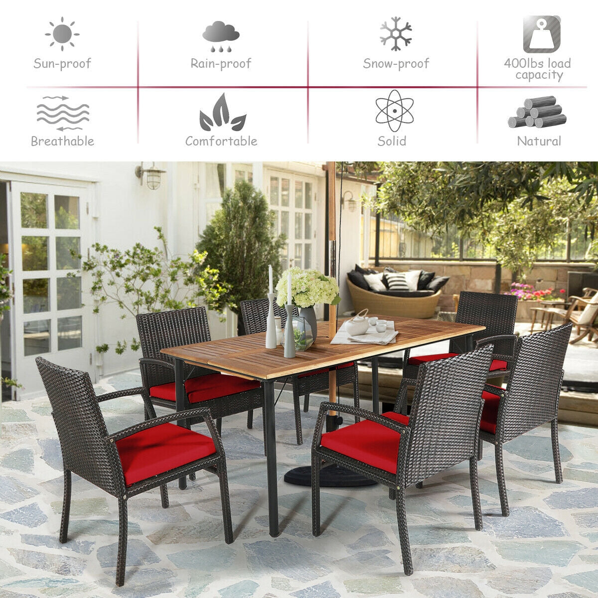 Juego de comedor de ratán acolchado de 7 piezas para patio con agujero para sombrilla