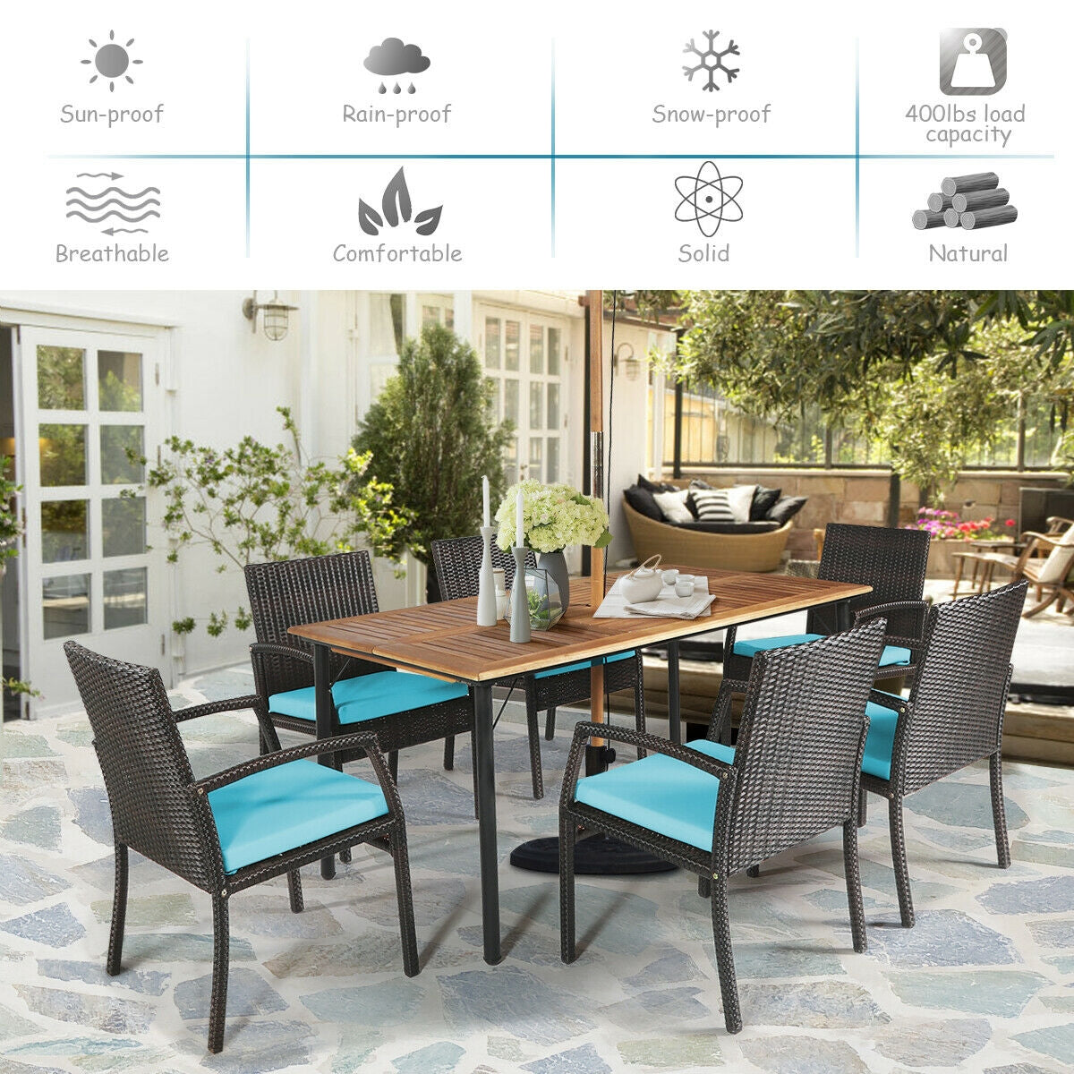 Juego de comedor de ratán acolchado de 7 piezas para patio con agujero para sombrilla