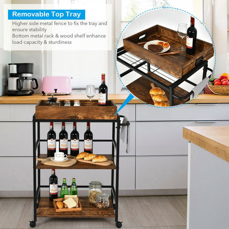 Carrito de bar de cocina de 3 niveles con ruedas bloqueables y estante con asa para casa o pub - Marrón rústico