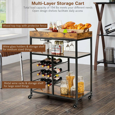 Carrito de Servicio de Cocina Rodante de Madera de 3 Niveles con Soporte para 9 Botellas de Vino, Estructura Metálica - Marrón Rústico