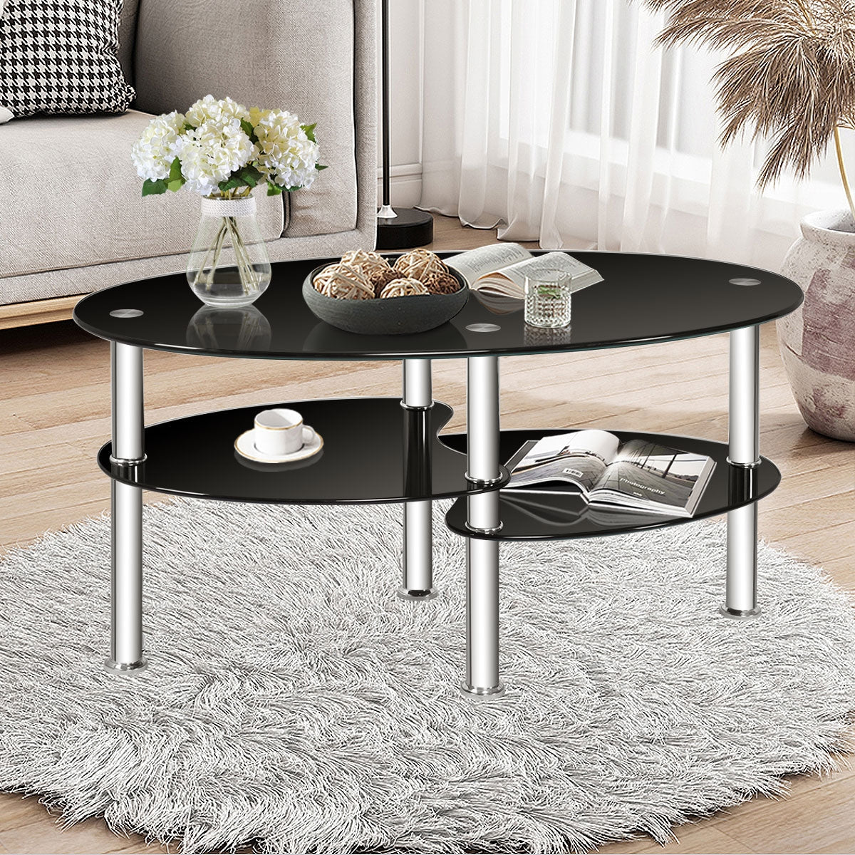 Mesa de centro ovalada de cristal templado