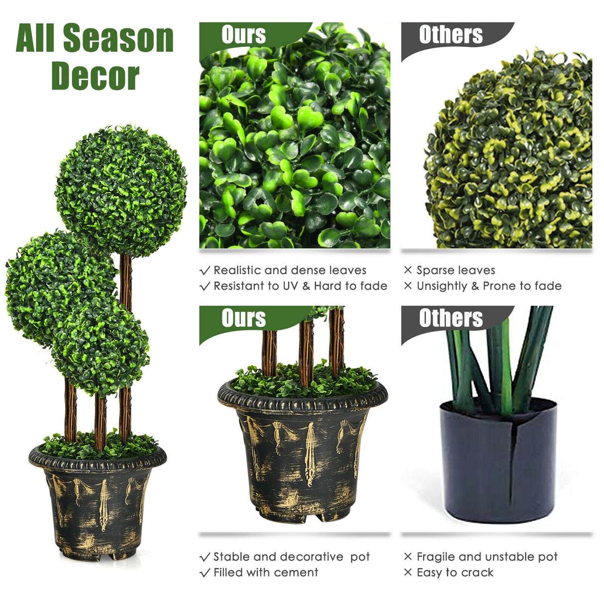 Árbol topiario artificial de bola triple de 36 pulgadas para interiores y exteriores