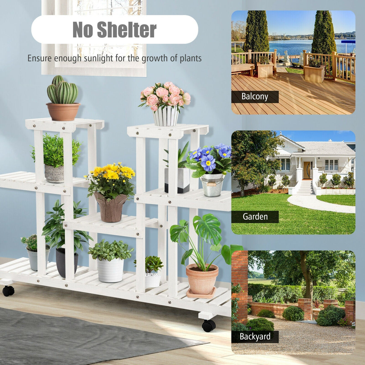 Estantería con ruedas de madera de 4 niveles para plantas