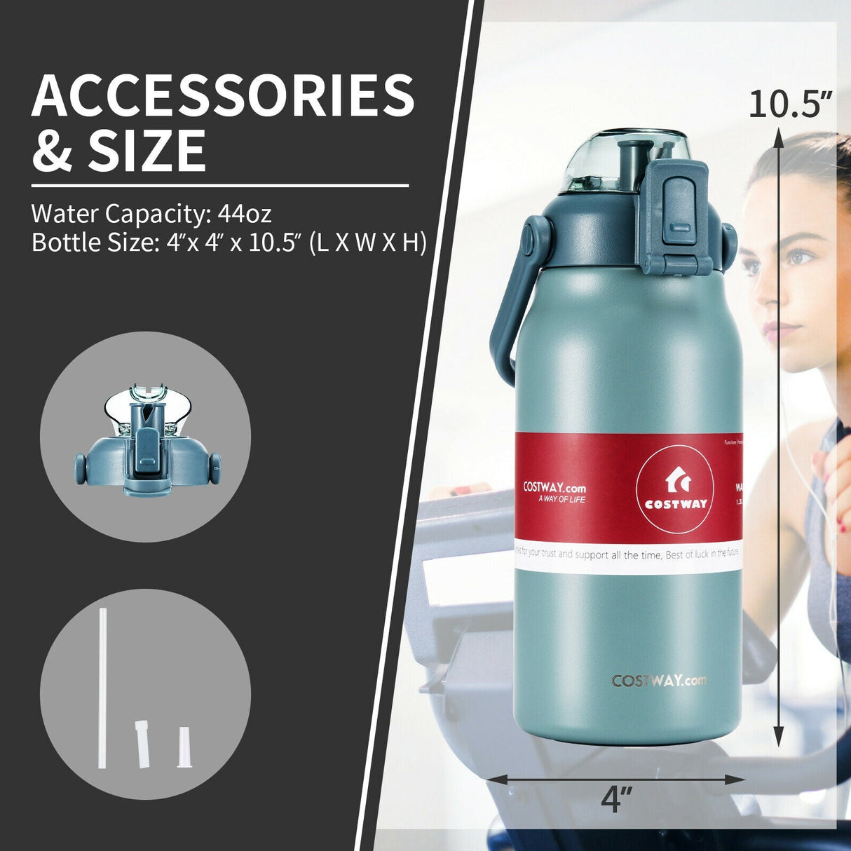Botella de Agua Deportiva de Acero Inoxidable de 44oz con Aislamiento al Vacío, a Prueba de Fugas - Gris