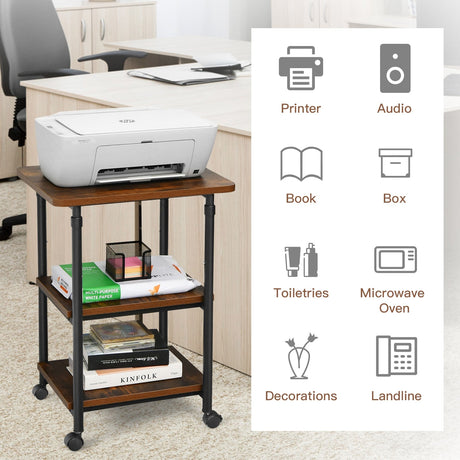 Soporte de impresora ajustable de 3 niveles con ruedas giratorias de 360°