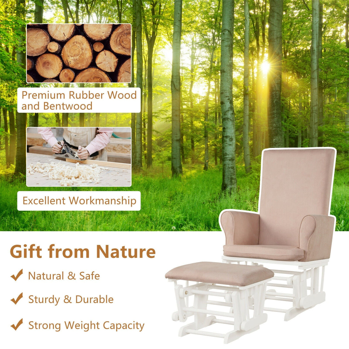Set de sillón mecedora y otomana con cojines para guardería de bebé
