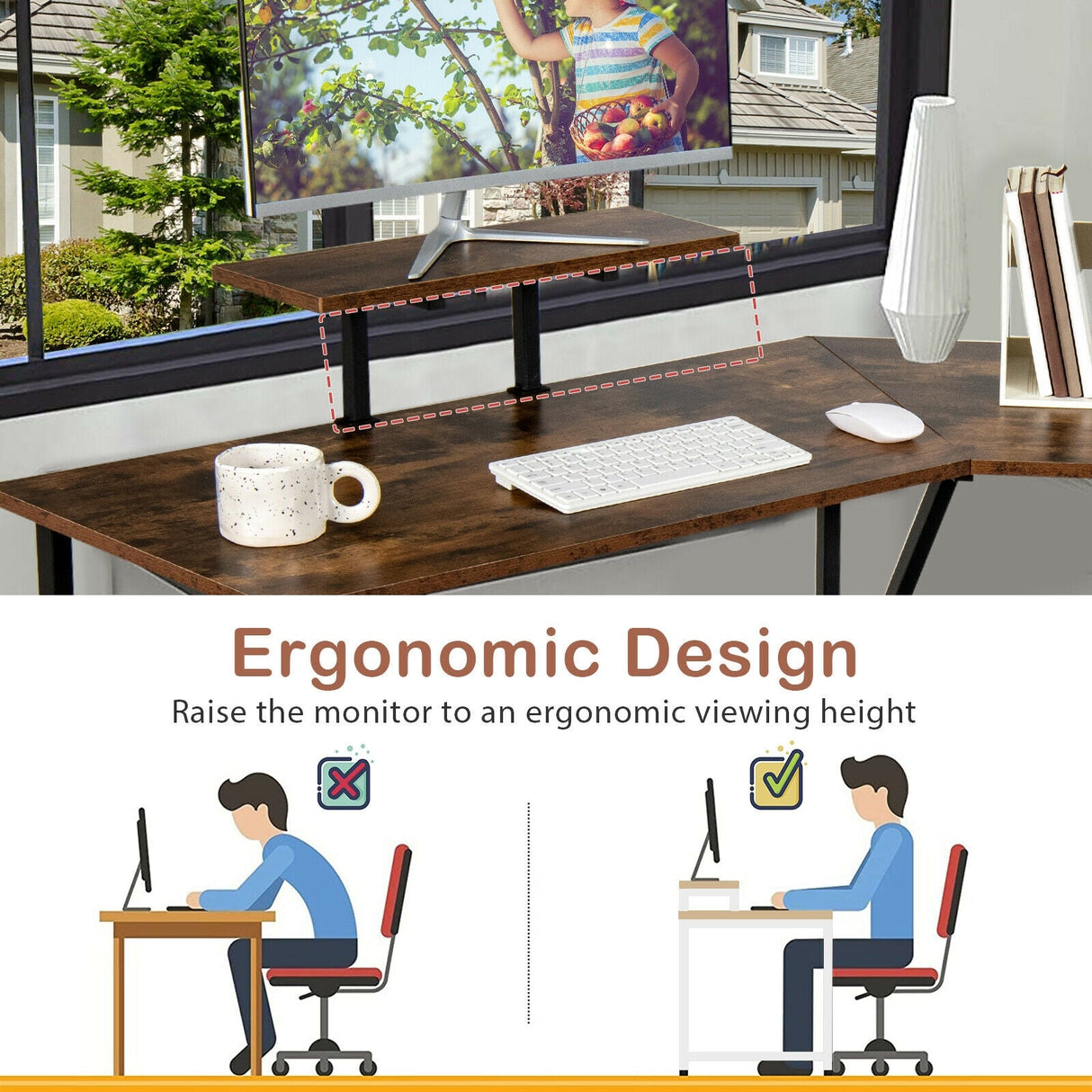 Mesa de escritorio para ordenador en forma de L reversible de 88,5 pulgadas con soporte para monitor