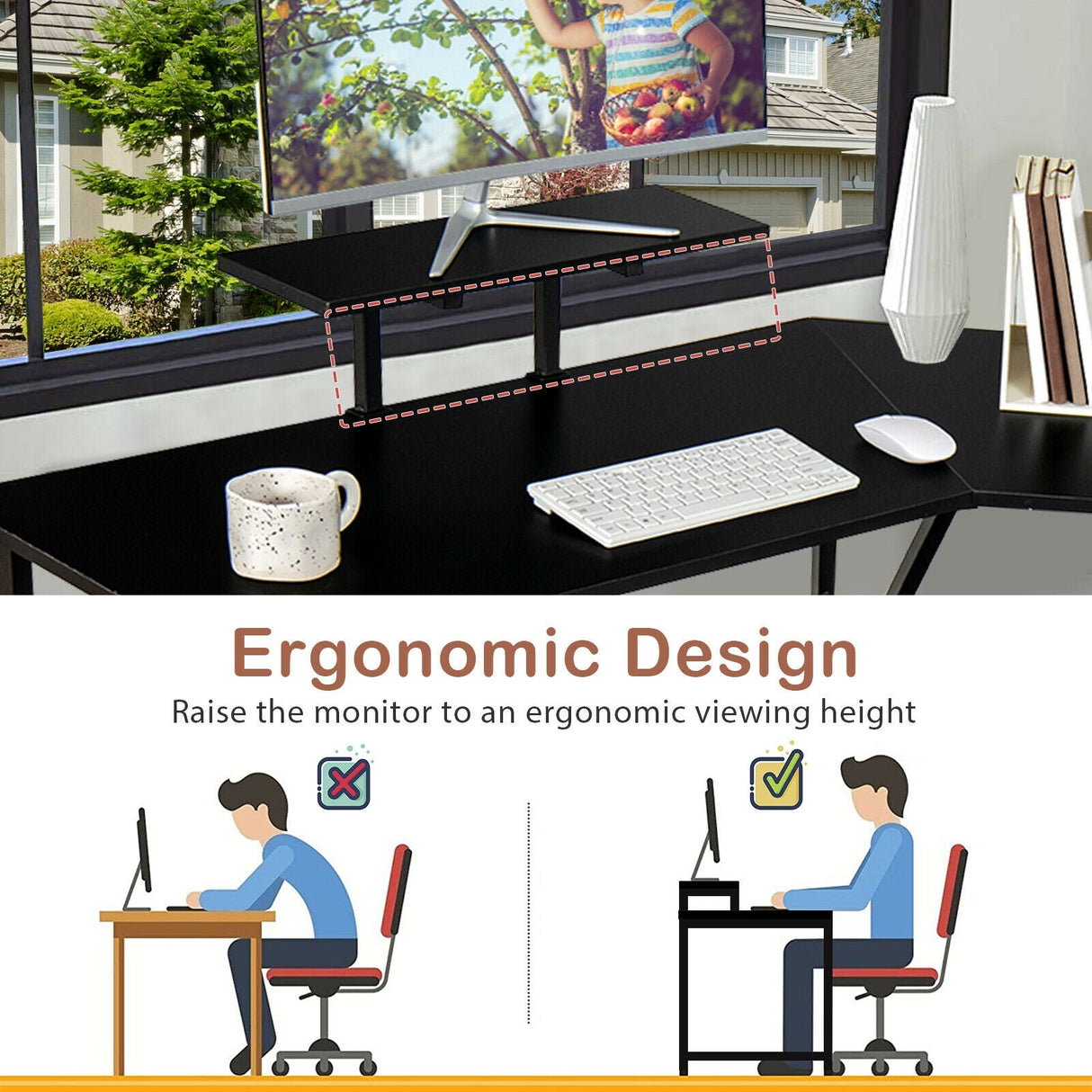 Mesa de escritorio para ordenador en forma de L reversible de 88,5 pulgadas con soporte para monitor