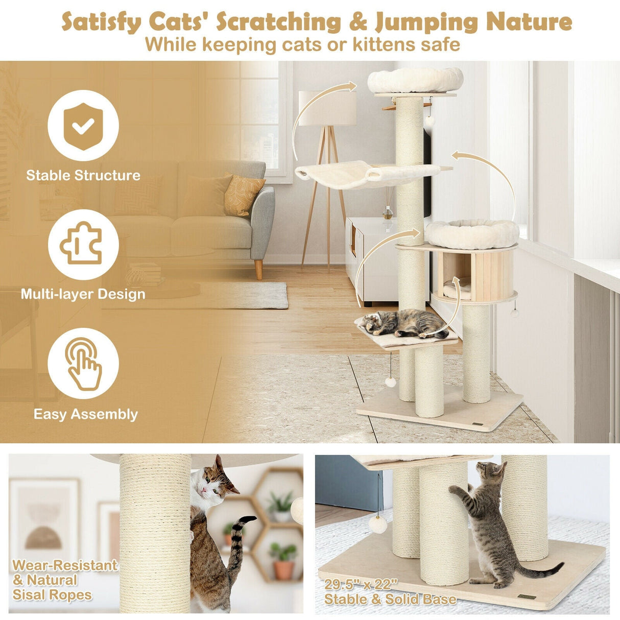 Árbol para gatos de madera de 4 niveles y 68.5 pulgadas, torre de actividades con postes de sisal - Natural