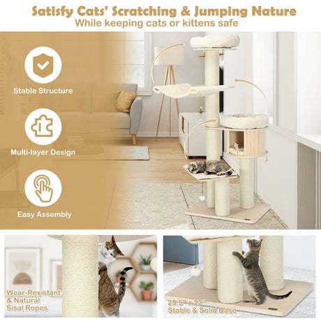 Árbol para gatos de madera de 4 niveles y 68.5 pulgadas, torre de actividades con postes de sisal - Natural