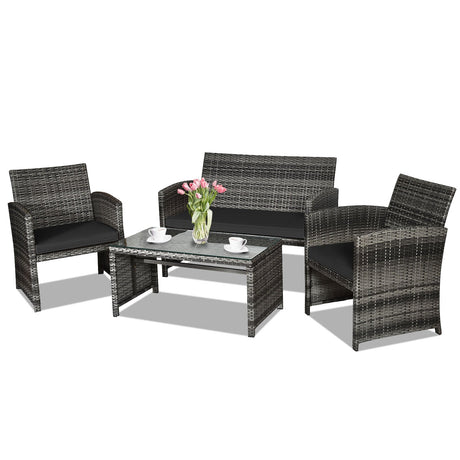 Juego de muebles de patio de ratán de 4 piezas con mesa de cristal y sofá de dos plazas - Gris