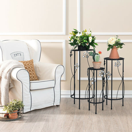 Set de 3 soportes de metal para plantas con detalles florales de cristal redondos - Negros
