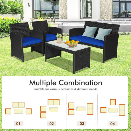 Juego de muebles de patio de ratán de 4 piezas con cojines resistentes a la intemperie y mesa de vidrio templado