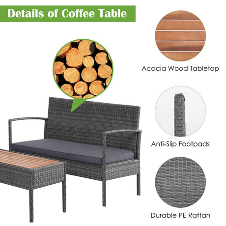 Juego de muebles de conversación para patio de ratán de 4 piezas con mesa de madera de acacia