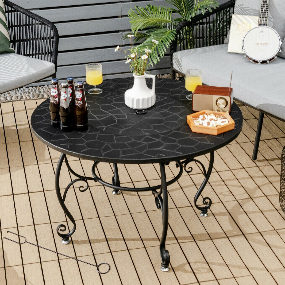 Mesa de comedor con brasero de patio de 35.5 pies con parrilla para barbacoa